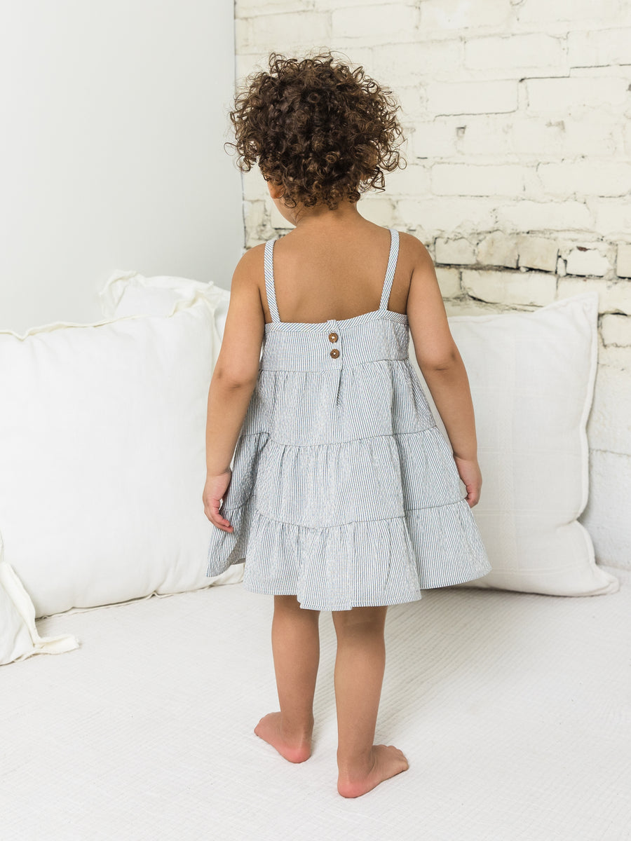 Cari Seersucker Tiered Dress Baby-Kids : Tops : Dresses Colored Organics Organic Baby and Kids Cari Seersucker Tiered Dress