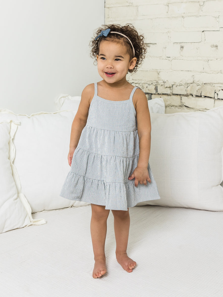 Cari Seersucker Tiered Dress Baby-Kids : Tops : Dresses Colored Organics Organic Baby and Kids Cari Seersucker Tiered Dress