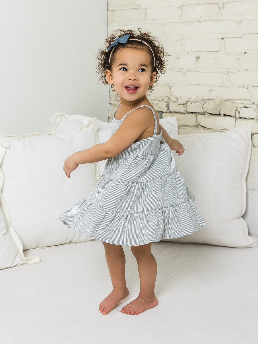 Cari Seersucker Tiered Dress Baby-Kids : Tops : Dresses Colored Organics Organic Baby and Kids Cari Seersucker Tiered Dress