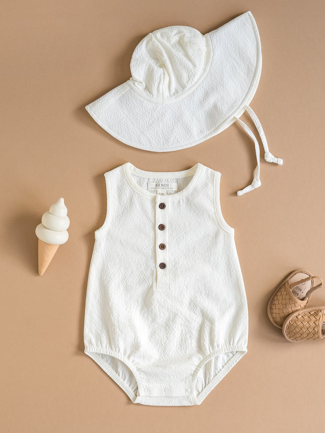 Wren Seersucker Bubble Romper - Coconut Baby :One Pieces :Rompers :Tanks Kendi Organic Cotton Baby Wren Seersucker Bubble Romper
