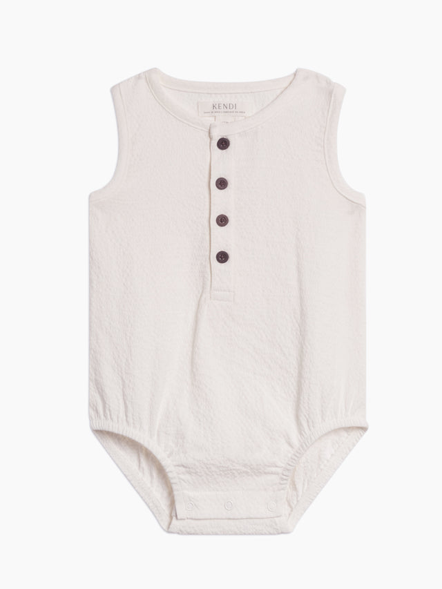 Wren Seersucker Bubble Romper - Coconut Baby :One Pieces :Rompers :Tanks Kendi Organic Cotton Baby Wren Seersucker Bubble Romper