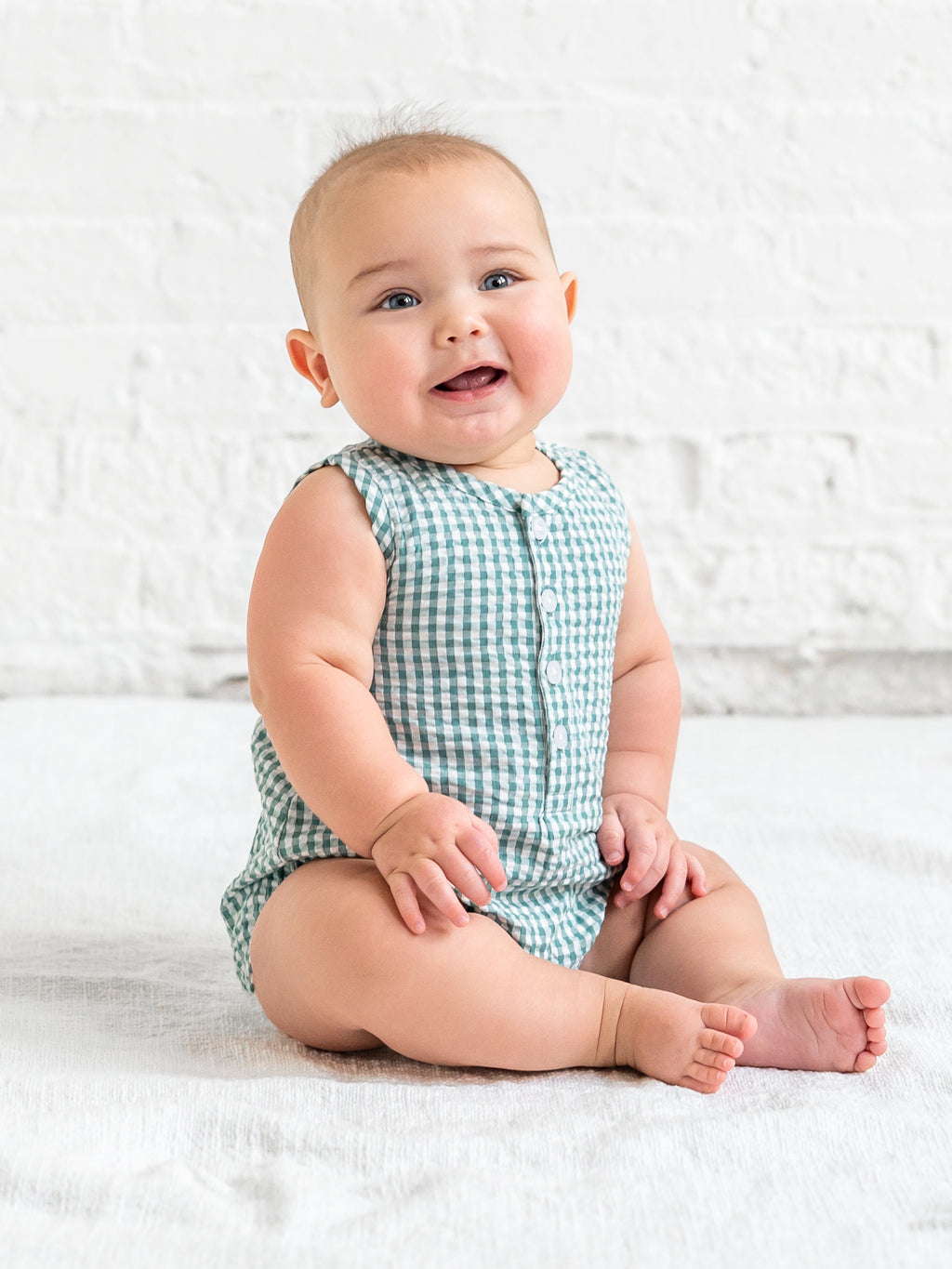 Wren Seersucker Bubble Romper - Laguna Gingham Baby : One Pieces : Rompers : Tanks KENDI by Colored Organics Wren Seersucker Bubble Romper - Laguna | Colored Organics®