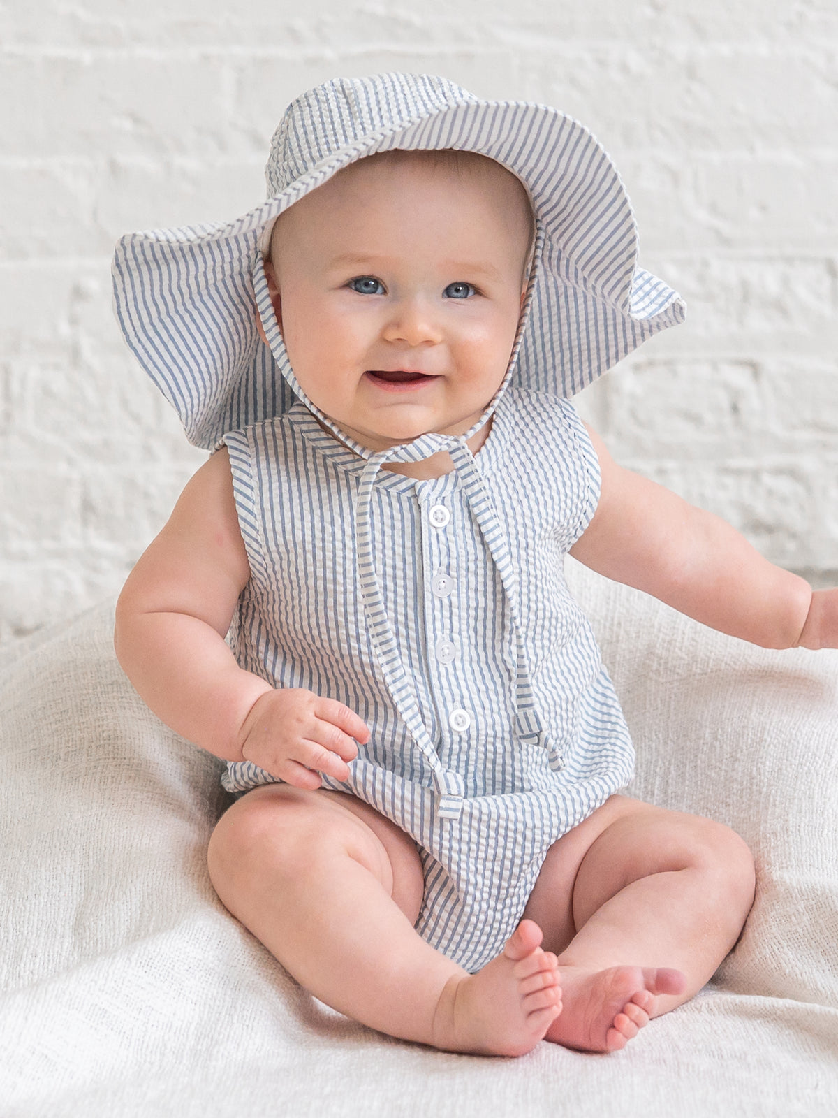 Wren Seersucker Bubble Romper - Shore Stripe / Sea Baby : One Pieces : Rompers : Tanks KENDI by Colored Organics Wren Seersucker Bubble Romper - Shore | Colored Organics®