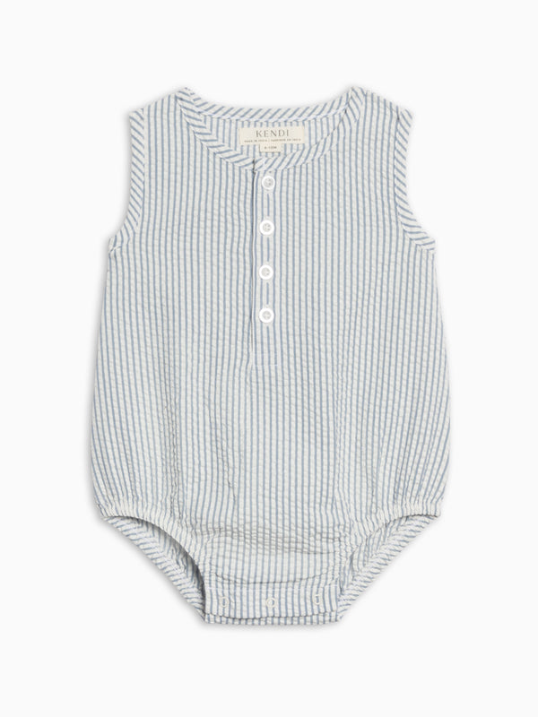 Wren Seersucker Bubble Romper - Shore Stripe / Sea