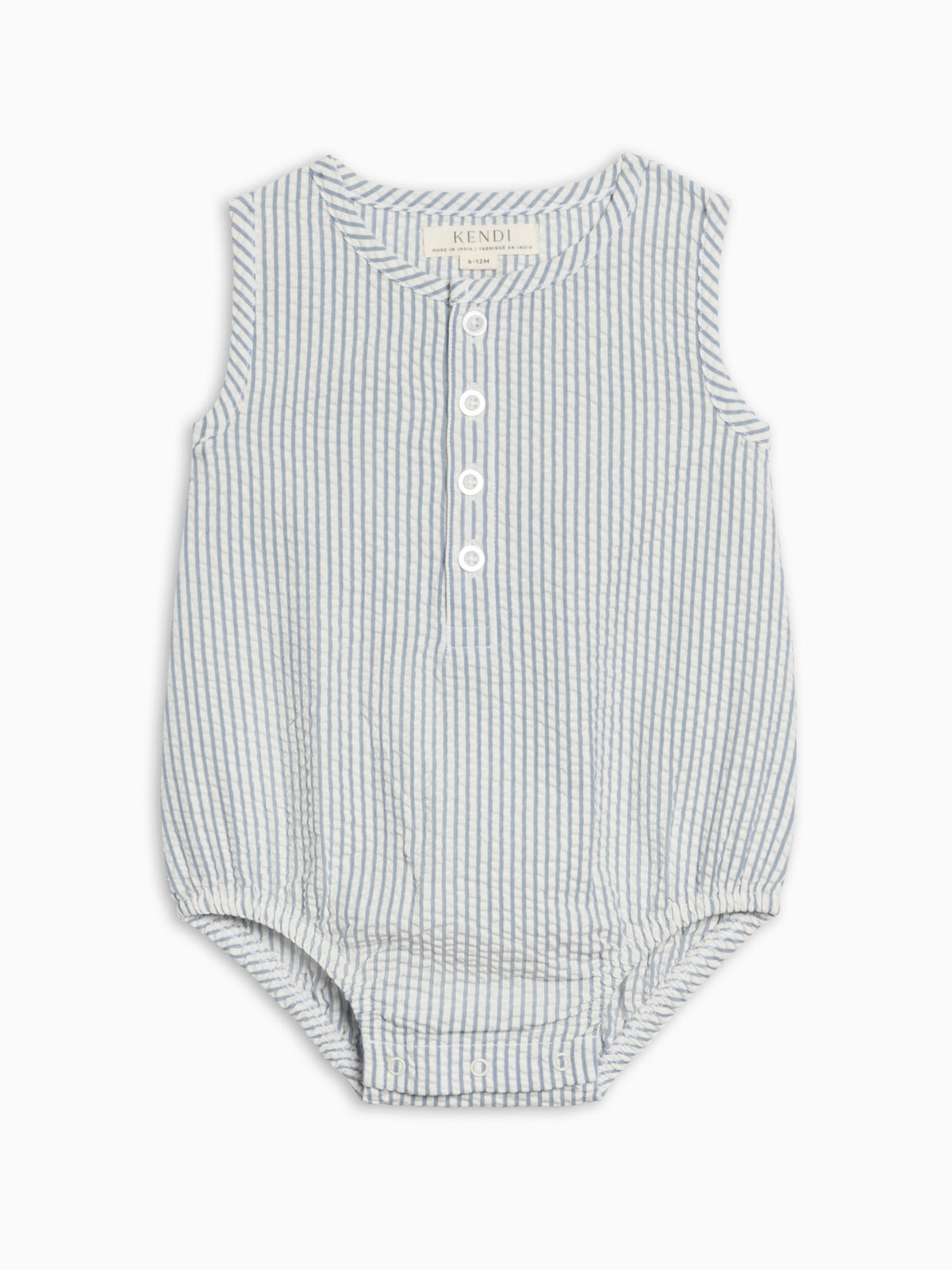 Wren Seersucker Bubble Romper - Shore Stripe / Sea Baby : One Pieces : Rompers : Tanks KENDI by Colored Organics Wren Seersucker Bubble Romper - Shore | Colored Organics®