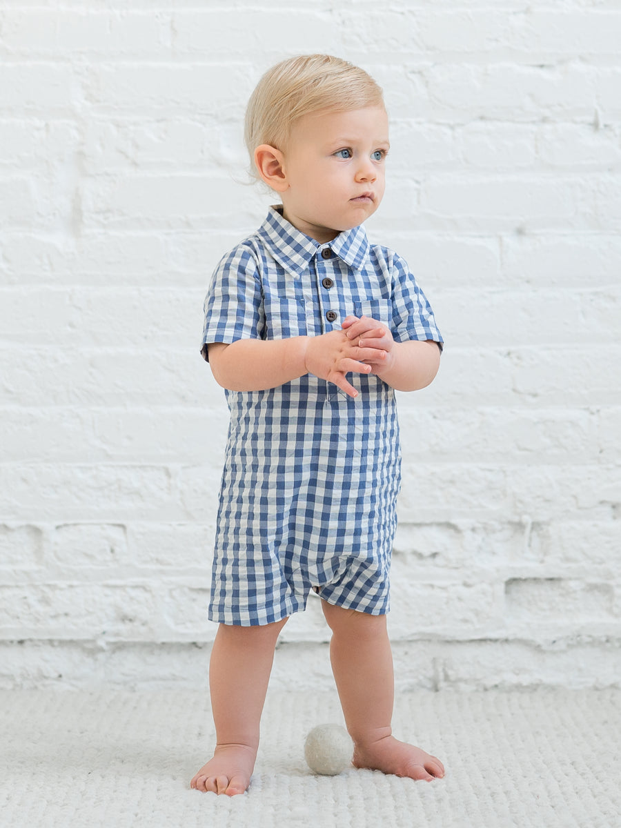 Mato Seersucker Collared Romper Baby :One Pieces :Rompers :Short Sleeves Kendi Organic Cotton Baby Mato Seersucker Collared Romper