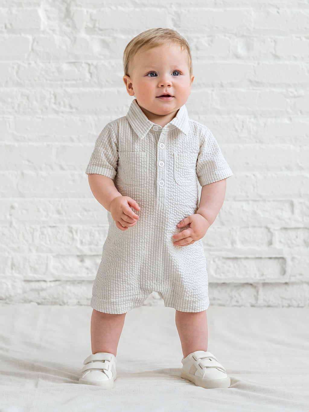 Mato Seersucker Collared Romper - Dune Stripe Baby : One Pieces : Rompers : Short Sleeves KENDI by Colored Organics Mato Seersucker Collared Romper - Dune | Colored Organics®