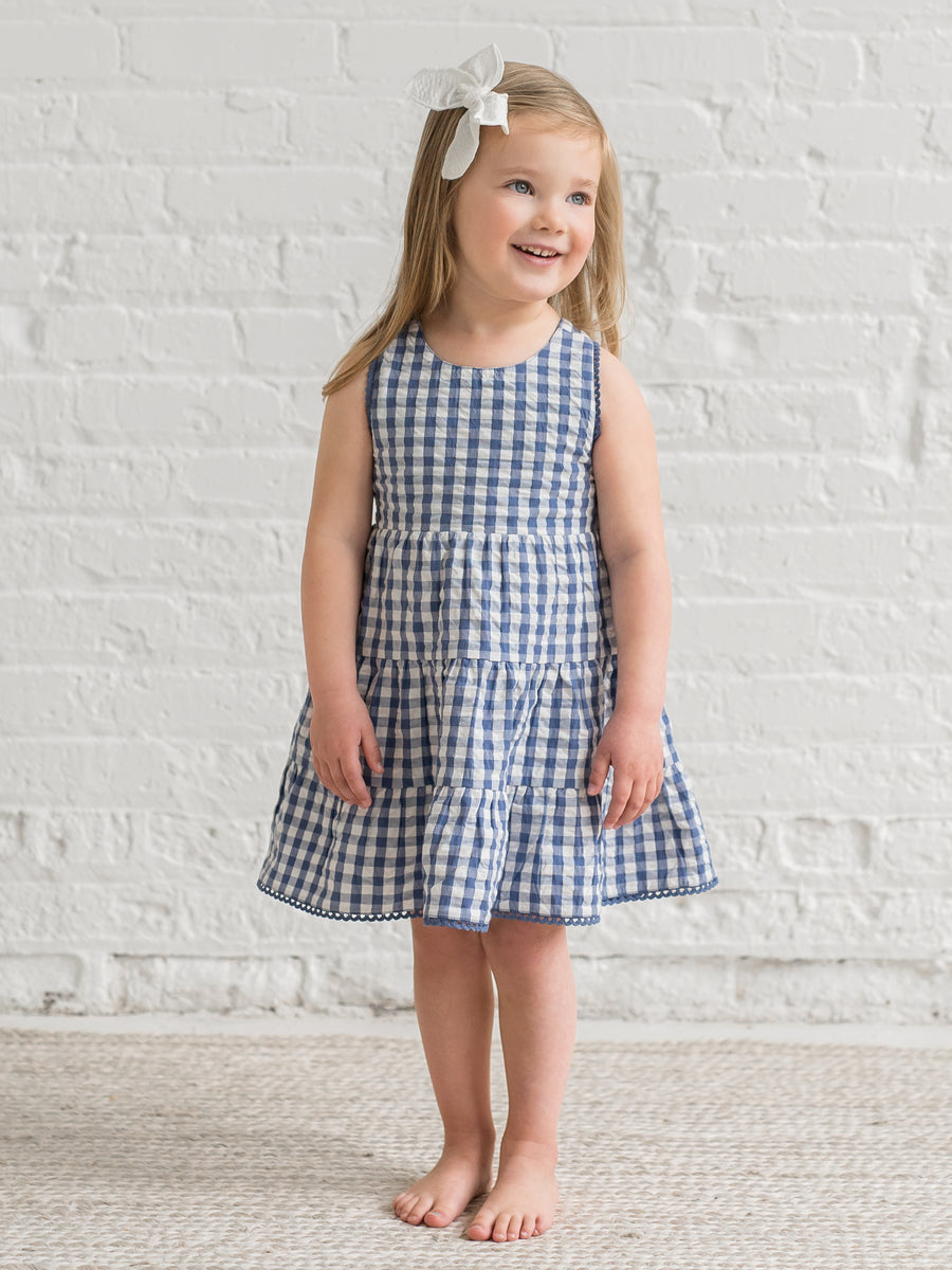 Zoey Seersucker Tiered Dress Baby-Kids : Dresses : Tanks Kendi Organic Cotton Baby and Kids Zoey Seersucker Tiered Dress