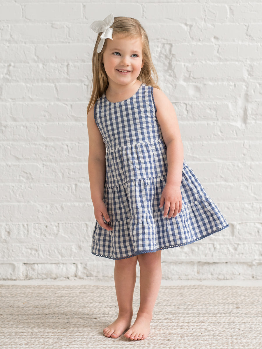 Zoey Seersucker Tiered Dress Baby-Kids : Dresses : Tanks Kendi Organic Cotton Baby and Kids Zoey Seersucker Tiered Dress