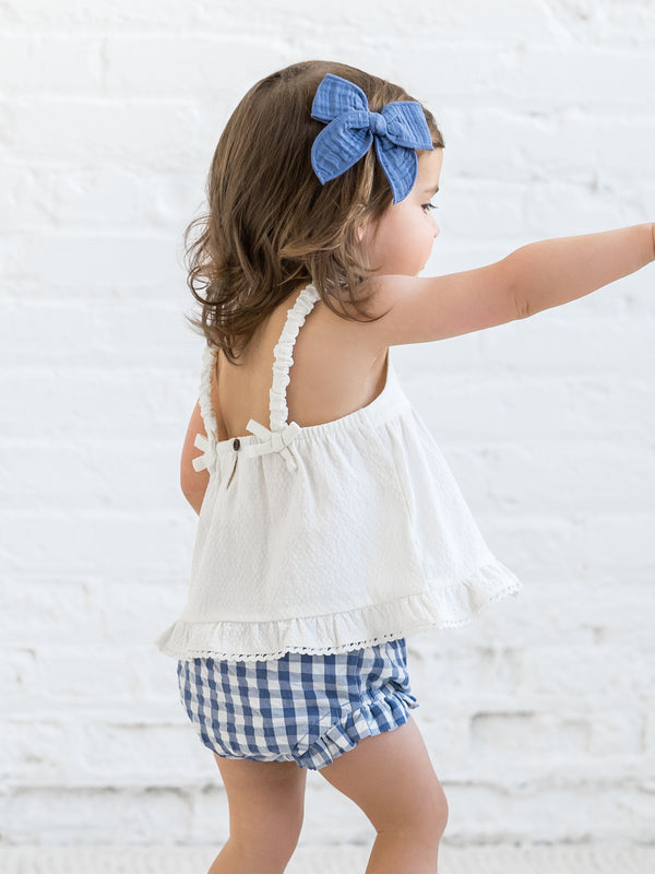 Ember Seersucker Ruffle Tank Baby-Kids : Tops : Tanks Kendi Organic Cotton Baby Ember Seersucker Ruffle Tank