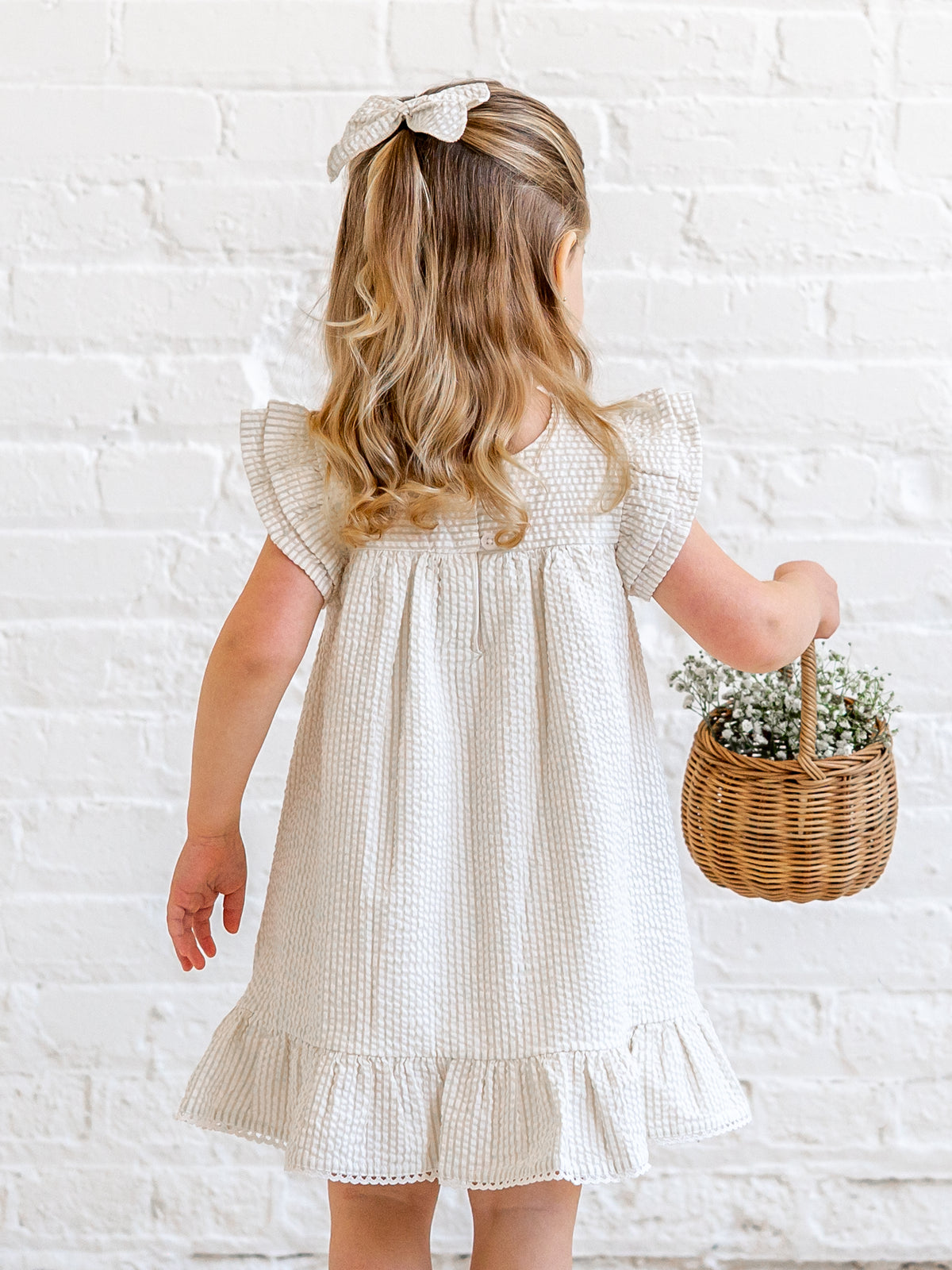 Lorena Seersucker Double Ruffle Sleeve Dress - Dune Stripe Sale : Baby-Kids : Dresses : Tanks KENDI by Colored Organics Lorena Seersucker Double Ruffle Sleeve | Colored Organics®