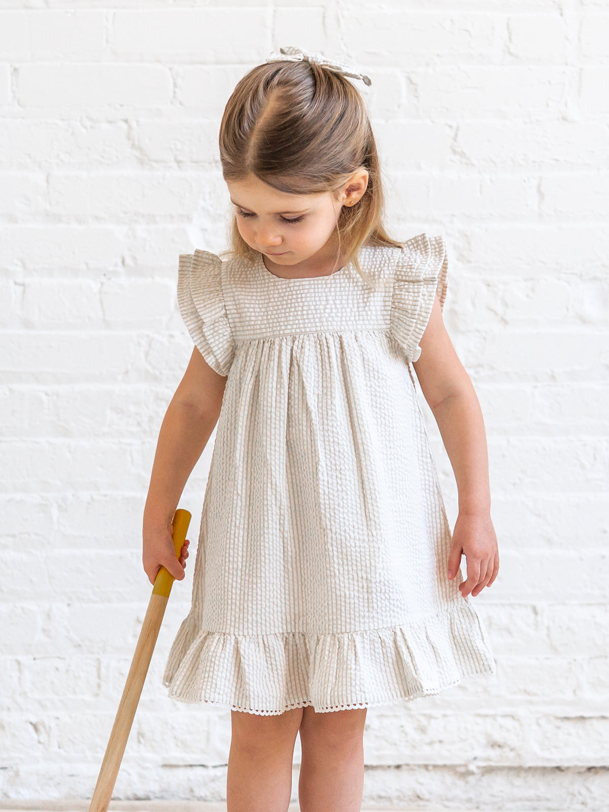 Lorena Seersucker Double Ruffle Sleeve Dress - Dune Stripe Sale : Baby-Kids : Dresses : Tanks KENDI by Colored Organics Lorena Seersucker Double Ruffle Sleeve | Colored Organics®