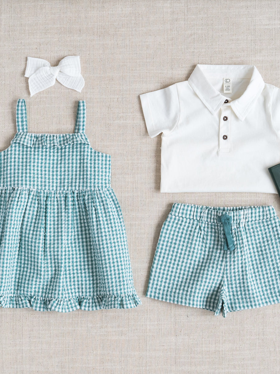 Juliette Seersucker Tank Dress - Laguna Gingham Baby-Kids : Dresses : Tanks KENDI by Colored Organics Juliette Seersucker Tank Dress - Laguna | Colored Organics®