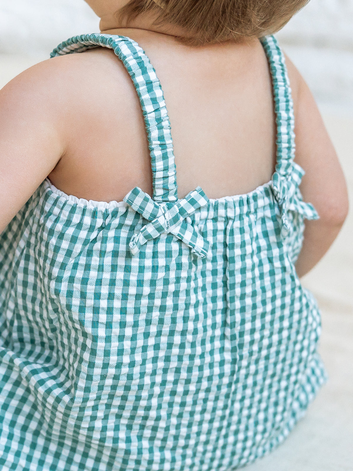 Rosalie Seersucker Ruffle Bubble Romper - Laguna Gingham Baby : One Pieces : Rompers : Tanks KENDI by Colored Organics Rosalie Seersucker Ruffle Bubble Romper | Colored Organics®