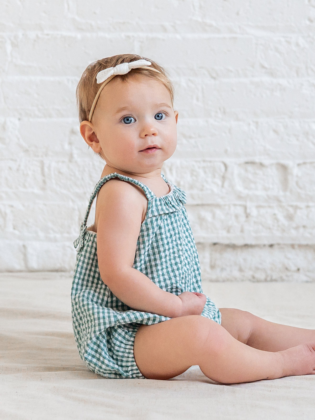 Rosalie Seersucker Ruffle Bubble Romper - Laguna Gingham Baby : One Pieces : Rompers : Tanks KENDI by Colored Organics Rosalie Seersucker Ruffle Bubble Romper | Colored Organics®