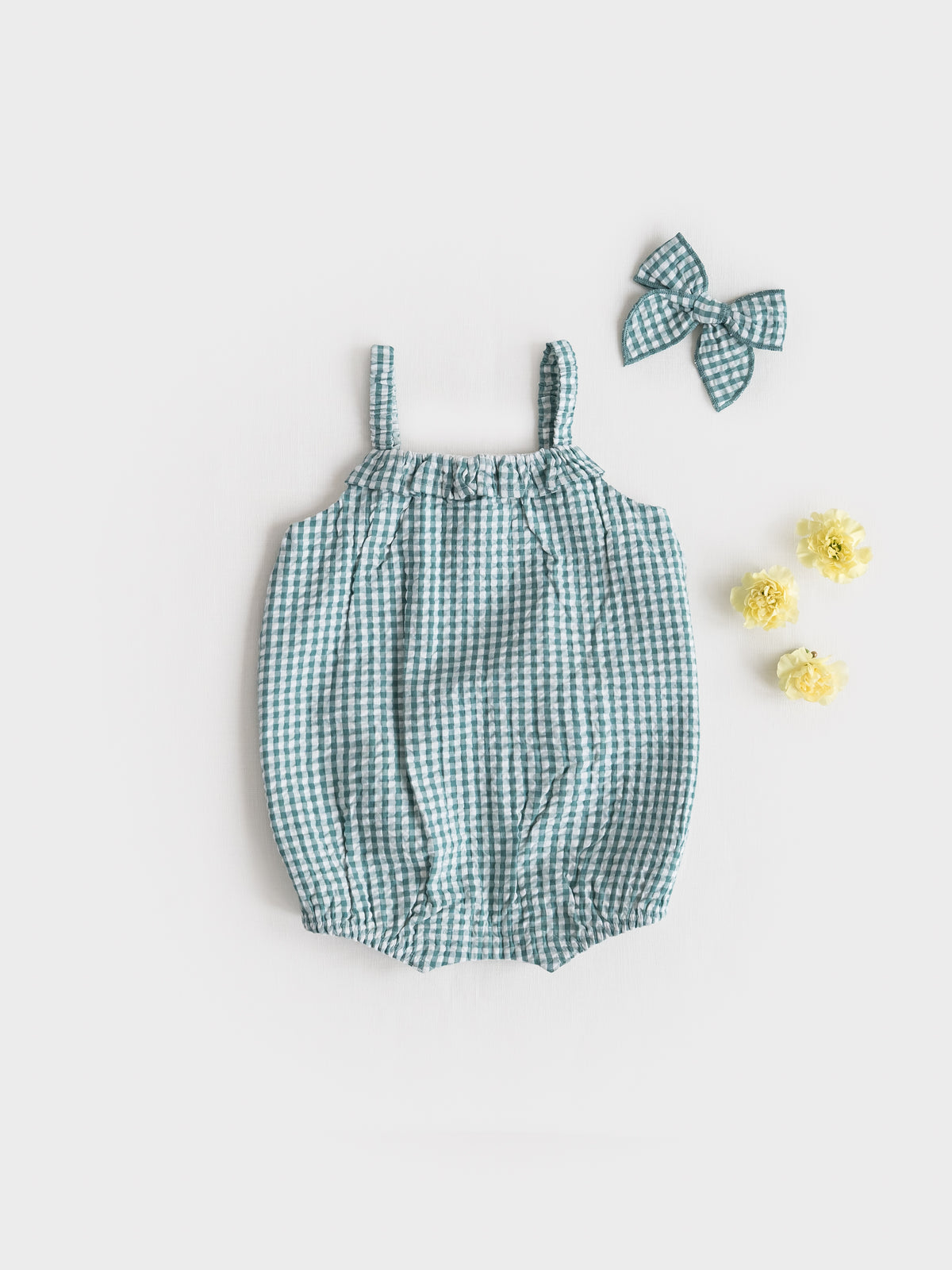 Rosalie Seersucker Ruffle Bubble Romper - Laguna Gingham Baby : One Pieces : Rompers : Tanks KENDI by Colored Organics Rosalie Seersucker Ruffle Bubble Romper | Colored Organics®
