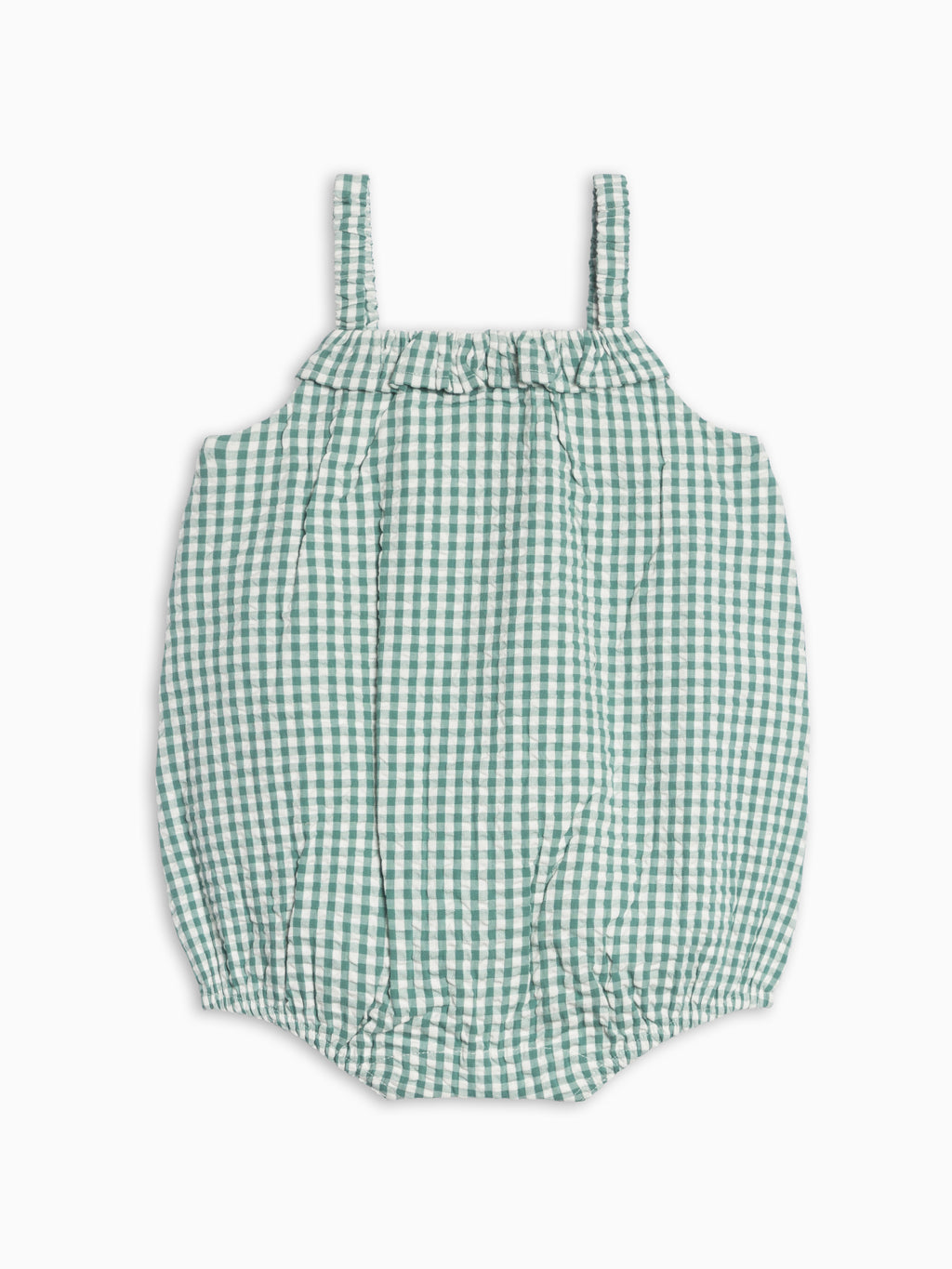 Rosalie Seersucker Ruffle Bubble Romper - Laguna Gingham Baby : One Pieces : Rompers : Tanks KENDI by Colored Organics Rosalie Seersucker Ruffle Bubble Romper | Colored Organics®