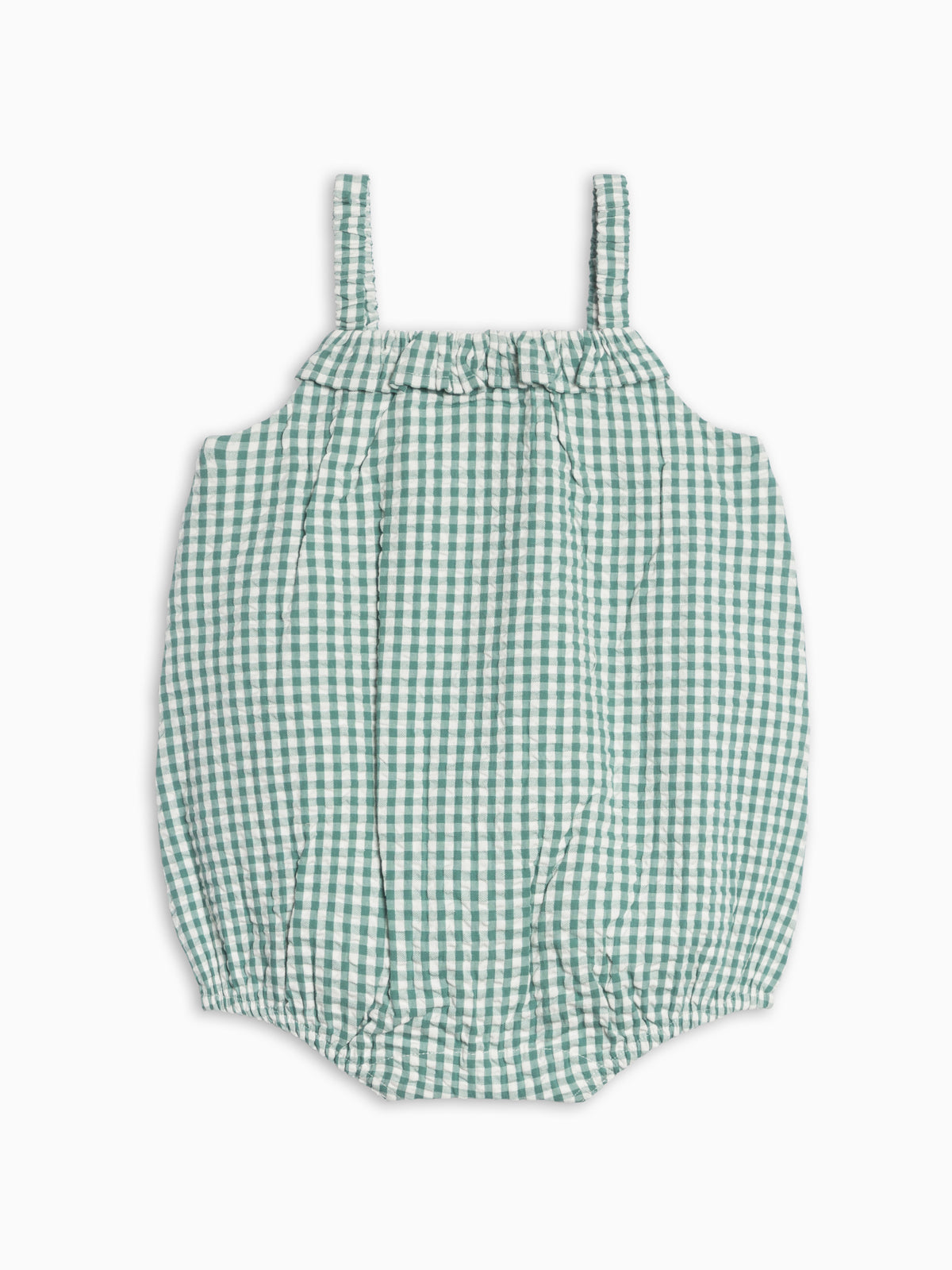 Rosalie Seersucker Ruffle Bubble Romper - Laguna Gingham Baby : One Pieces : Rompers : Tanks KENDI by Colored Organics Rosalie Seersucker Ruffle Bubble Romper | Colored Organics®
