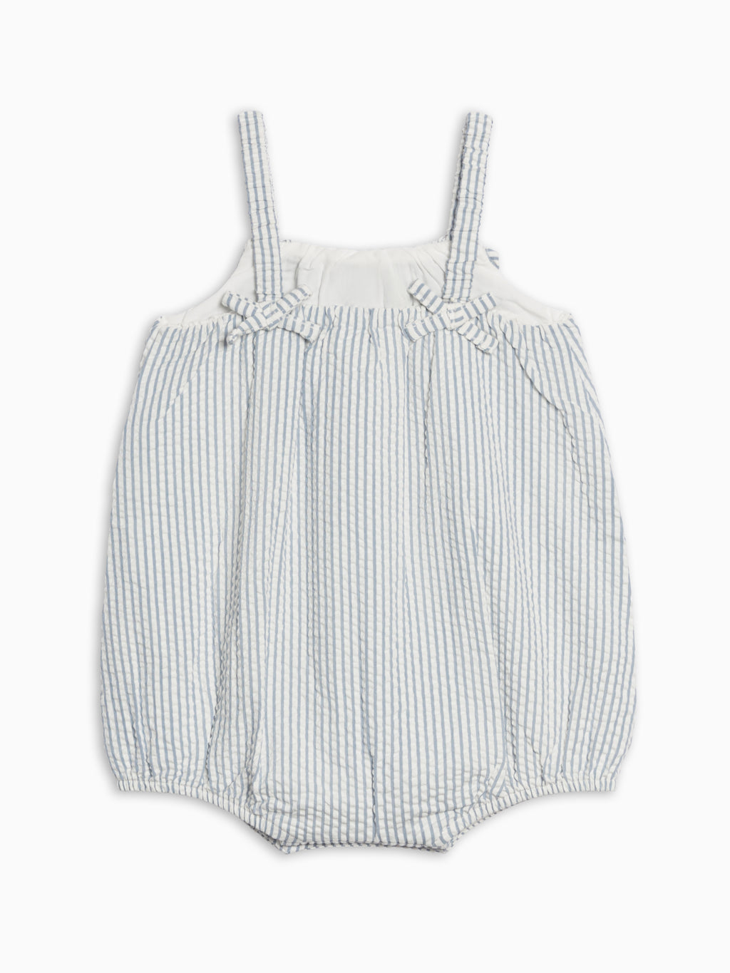 Rosalie Seersucker Ruffle Bubble Romper - Shore Stripe / Sea Baby : One Pieces : Rompers : Tanks KENDI by Colored Organics Rosalie Seersucker Ruffle Bubble Romper | Colored Organics®