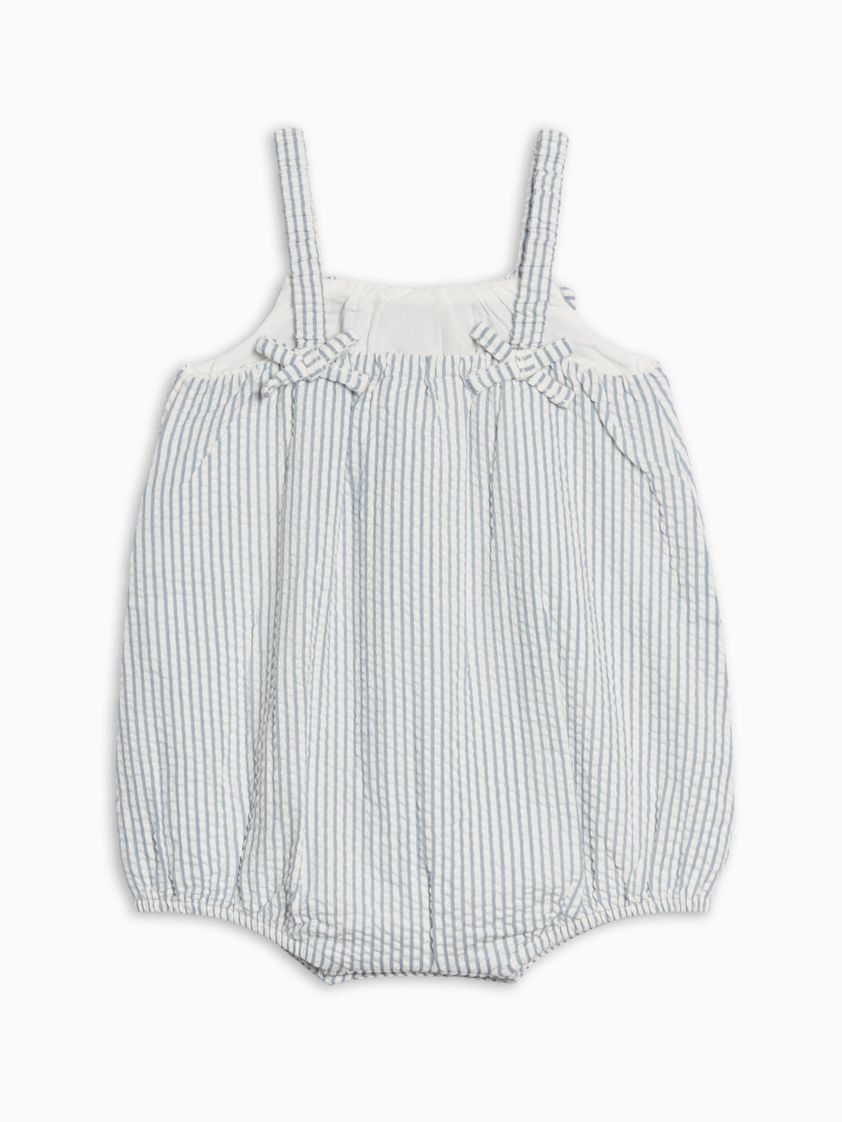 Rosalie Seersucker Ruffle Bubble Romper - Shore Stripe / Sea Baby : One Pieces : Rompers : Tanks KENDI by Colored Organics Rosalie Seersucker Ruffle Bubble Romper | Colored Organics®