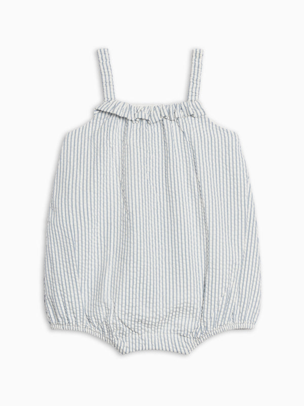 Rosalie Seersucker Ruffle Bubble Romper - Shore Stripe / Sea
