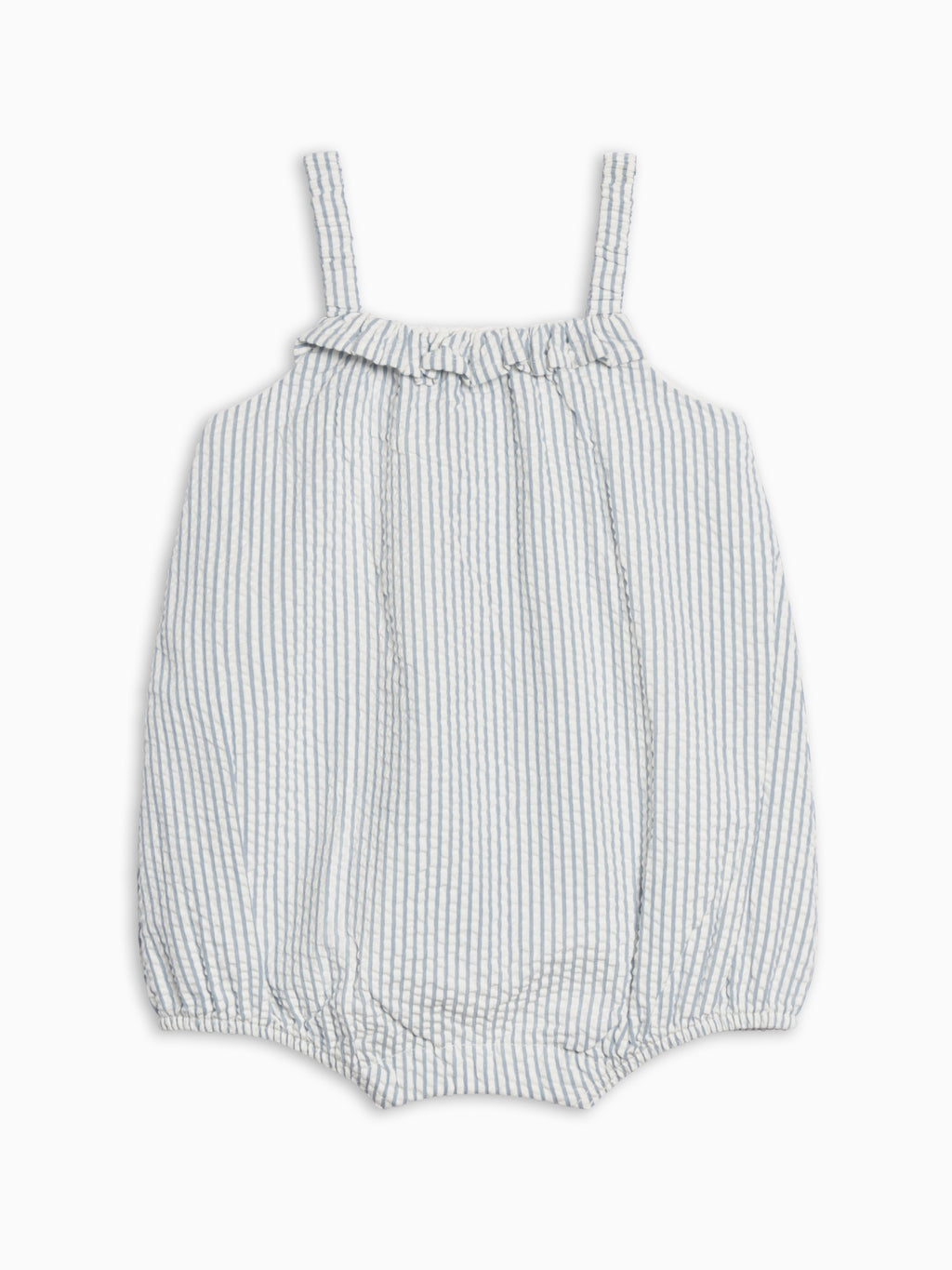 Rosalie Seersucker Ruffle Bubble Romper - Regatta  Colored Organics Rosalie Seersucker Ruffle Bubble Romper | Colored Organics®