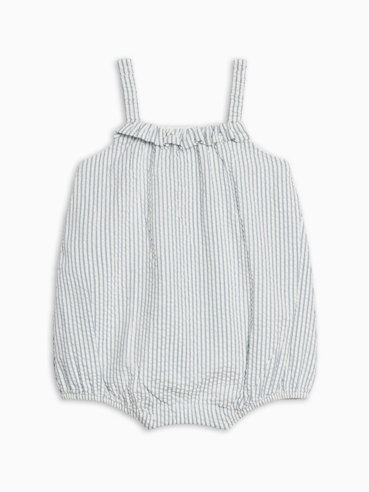 Rosalie Seersucker Ruffle Bubble Romper - Regatta  Colored Organics Rosalie Seersucker Ruffle Bubble Romper | Colored Organics®