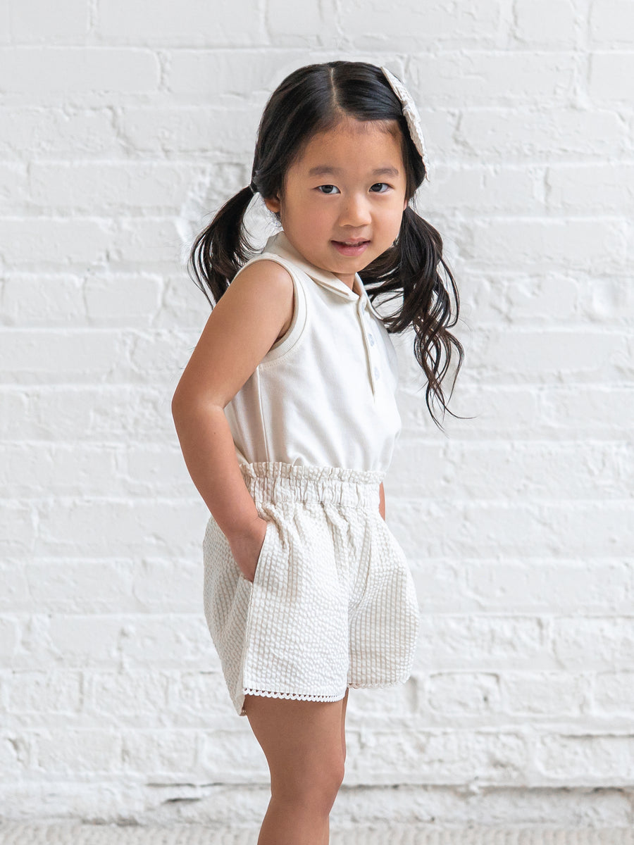 Patty Seersucker Scalloped Trim Short - Dune Stripe Baby-Kids : Bottoms : Shorts KENDI by Colored Organics Patty Seersucker Scalloped Trim Short | Colored Organics®