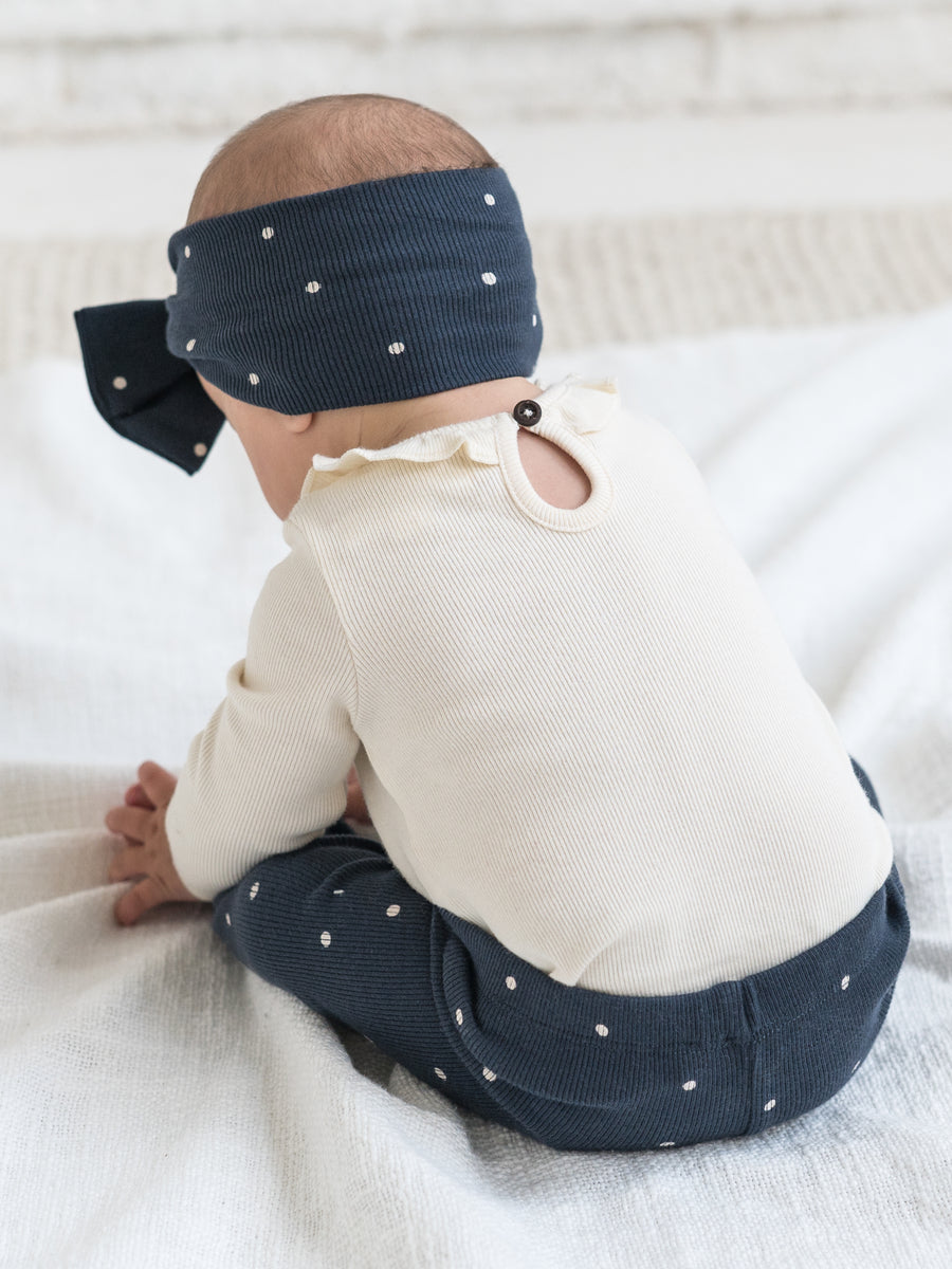Irma Ribbed Ruffle Neck Bodysuit Sale : Baby : One Pieces : Bodysuits : Long Sleeves Kendi Organic Cotton Baby Irma Ribbed Ruffle Neck Bodysuit