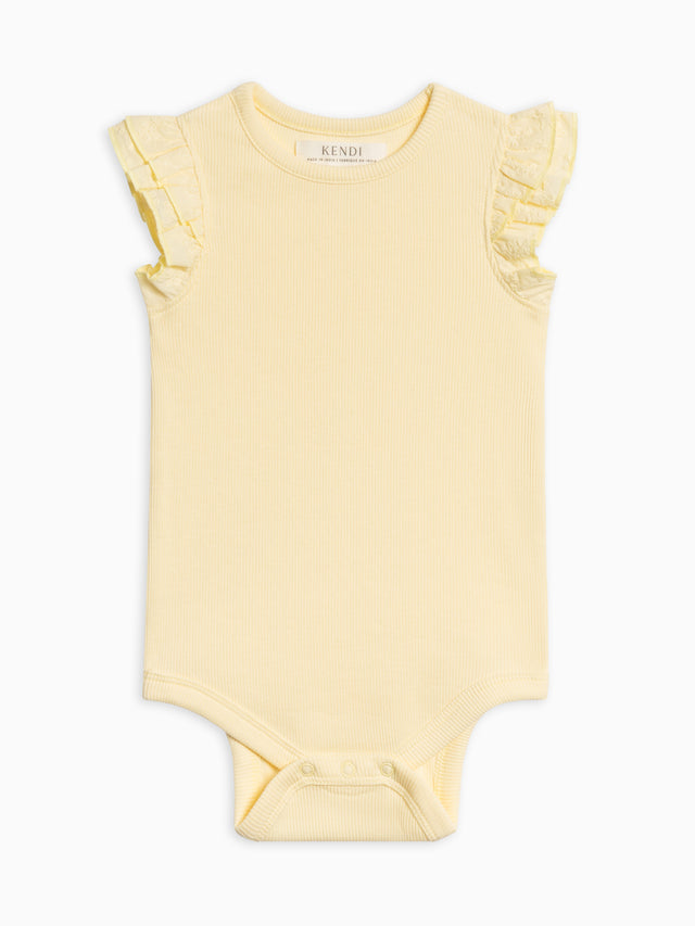 Maggie Ribbed Short Sleeve Bodysuit with Eyelet Ruffle Baby : One Pieces : Bodysuits : Short Sleeves Kendi Organic Cotton Baby Maggie Ribbed Short Sleeve Bodysuit with Eyelet Ruffle