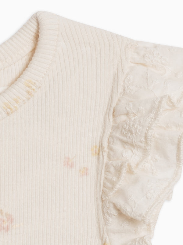 Maggie Ribbed Short Sleeve Bodysuit with Eyelet Ruffle Baby : One Pieces : Bodysuits : Short Sleeves Kendi Organic Cotton Baby Maggie Ribbed Short Sleeve Bodysuit with Eyelet Ruffle