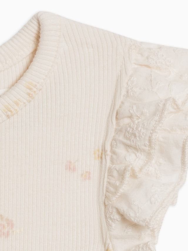 Maggie Ribbed Short Sleeve Bodysuit with Eyelet Ruffle Baby : One Pieces : Bodysuits : Short Sleeves Kendi Organic Cotton Baby Maggie Ribbed Short Sleeve Bodysuit with Eyelet Ruffle