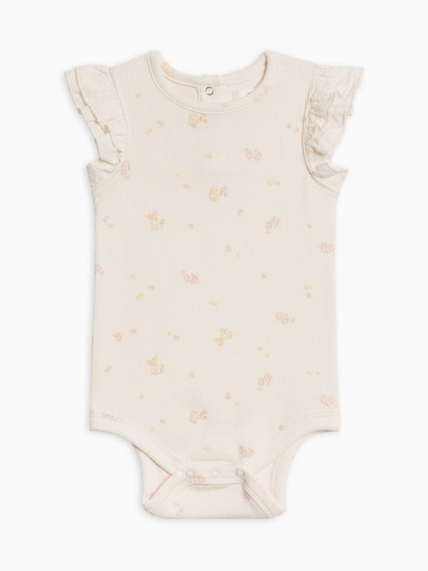 Maggie Ribbed Short Sleeve Bodysuit with Eyelet Ruffle Baby : One Pieces : Bodysuits : Short Sleeves Kendi Organic Cotton Baby Maggie Ribbed Short Sleeve Bodysuit with Eyelet Ruffle