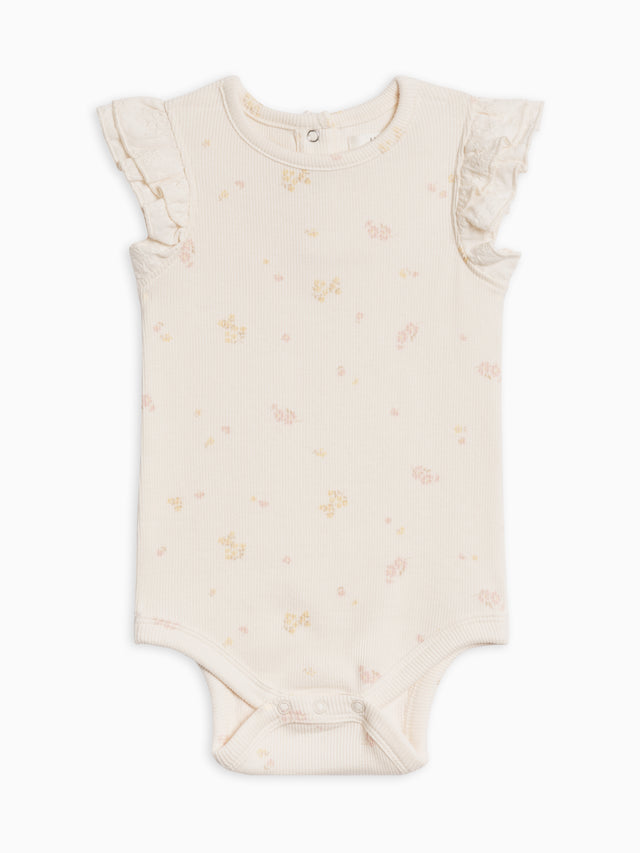 Maggie Ribbed Short Sleeve Bodysuit with Eyelet Ruffle Baby : One Pieces : Bodysuits : Short Sleeves Kendi Organic Cotton Baby Maggie Ribbed Short Sleeve Bodysuit with Eyelet Ruffle