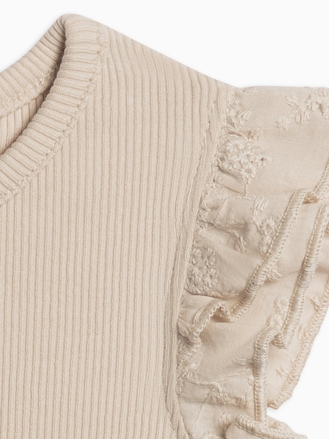 Maggie Ribbed Short Sleeve Bodysuit with Eyelet Ruffle Baby :One Pieces :Bodysuits :Short Sleeves Kendi Organic Cotton Baby Maggie Ribbed Short Sleeve Bodysuit with Eyelet Ruffle