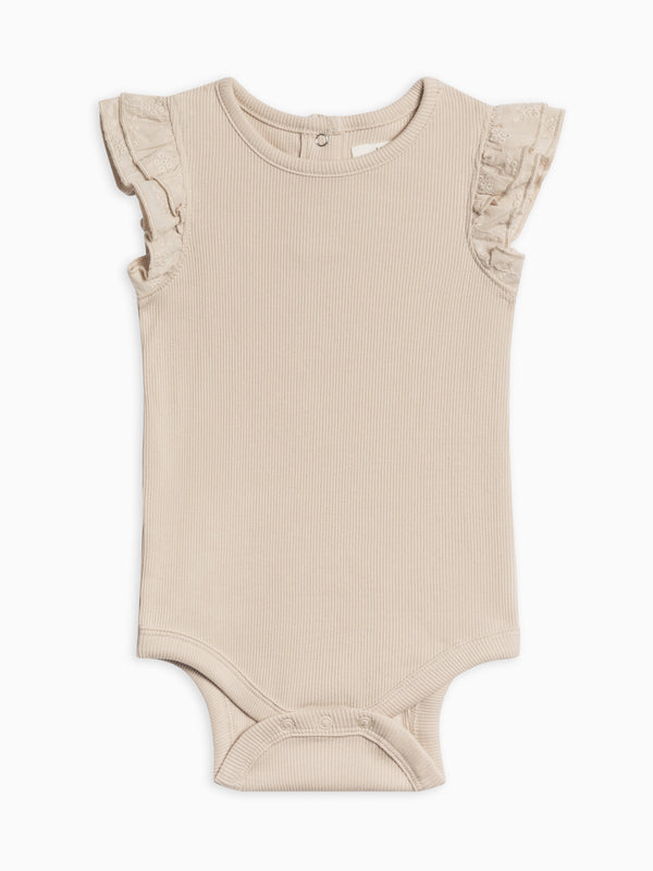Maggie Ribbed Short Sleeve Bodysuit with Eyelet Ruffle Baby : One Pieces : Bodysuits : Short Sleeves Kendi Organic Cotton Baby Maggie Ribbed Short Sleeve Bodysuit with Eyelet Ruffle