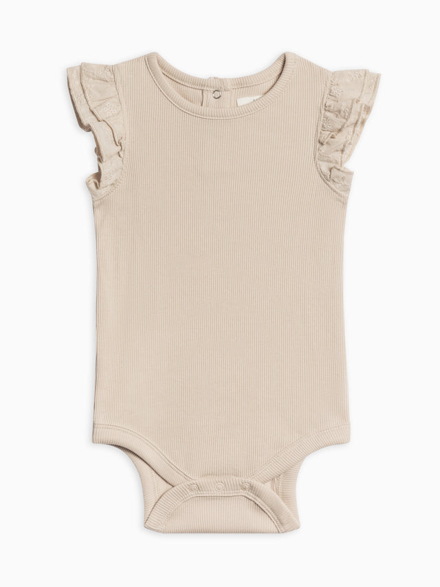 Maggie Ribbed Short Sleeve Bodysuit with Eyelet Ruffle Baby : One Pieces : Bodysuits : Short Sleeves Kendi Organic Cotton Baby Maggie Ribbed Short Sleeve Bodysuit with Eyelet Ruffle