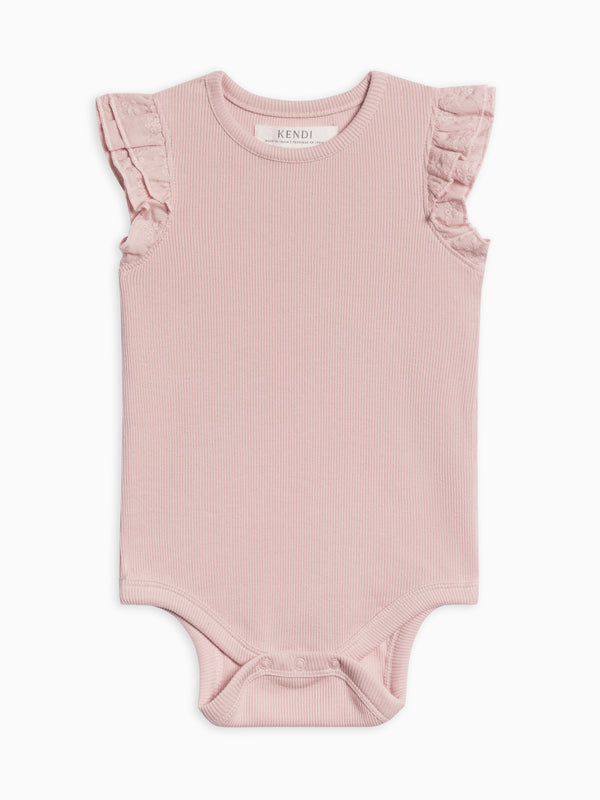Maggie Ribbed Short Sleeve Bodysuit with Eyelet Ruffle Baby : One Pieces : Bodysuits : Short Sleeves Kendi Organic Cotton Baby Maggie Ribbed Short Sleeve Bodysuit with Eyelet Ruffle