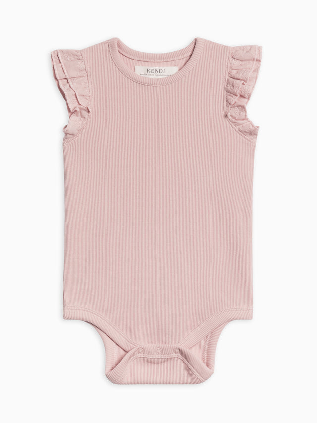 Maggie Ribbed Short Sleeve Bodysuit with Eyelet Ruffle Baby : One Pieces : Bodysuits : Short Sleeves Kendi Organic Cotton Baby Maggie Ribbed Short Sleeve Bodysuit with Eyelet Ruffle