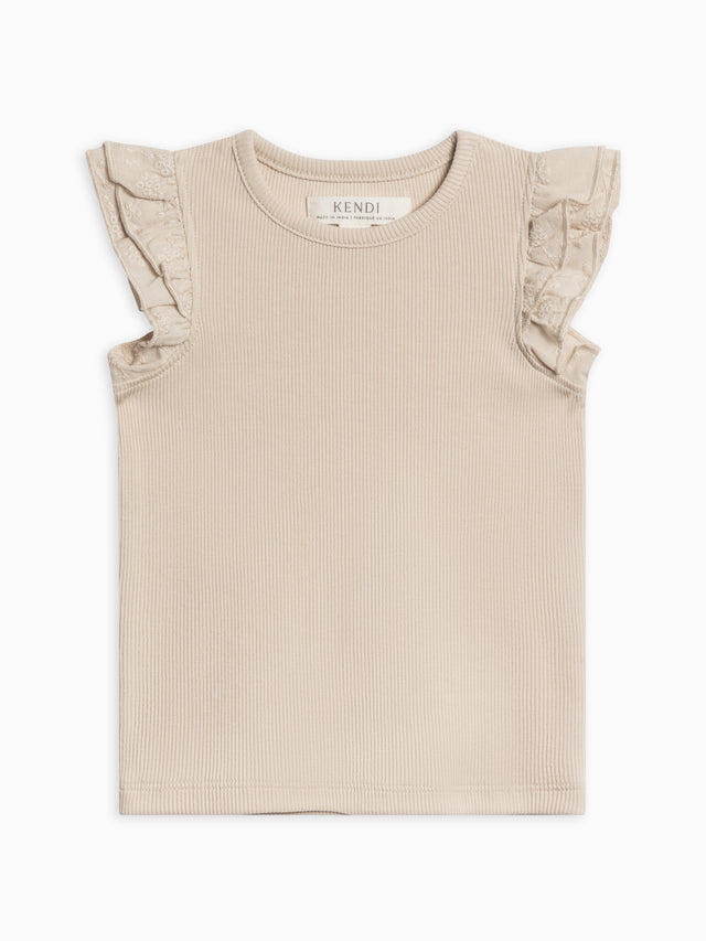 Daphne Ribbed Tank with Eyelet Ruffle Baby-Kids : Tops : Shirts : Short Sleeves Kendi Organic Cotton Baby and Kids Daphne Ribbed Tank with Eyelet Ruffle
