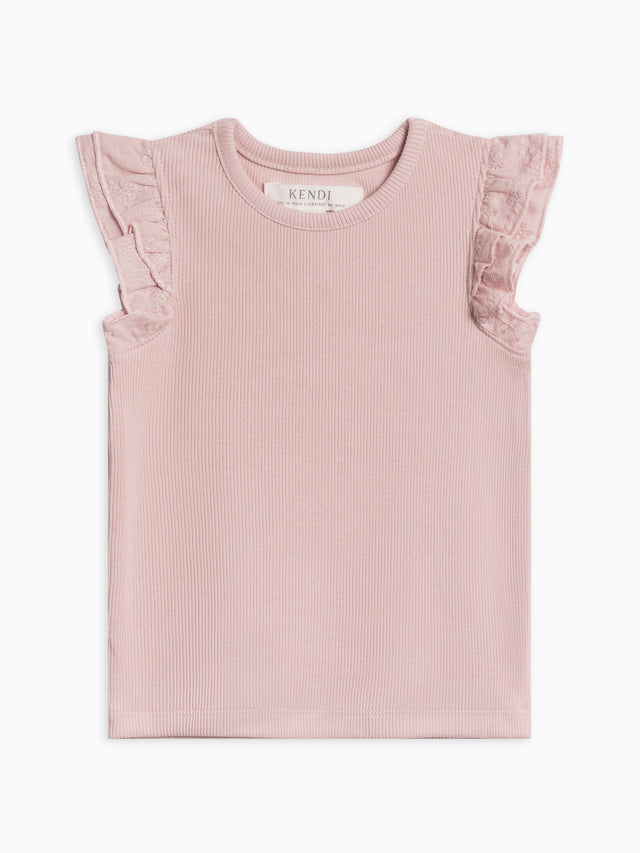Daphne Ribbed Tank with Eyelet Ruffle Baby-Kids : Tops : Shirts : Short Sleeves Kendi Organic Cotton Baby and Kids Daphne Ribbed Tank with Eyelet Ruffle