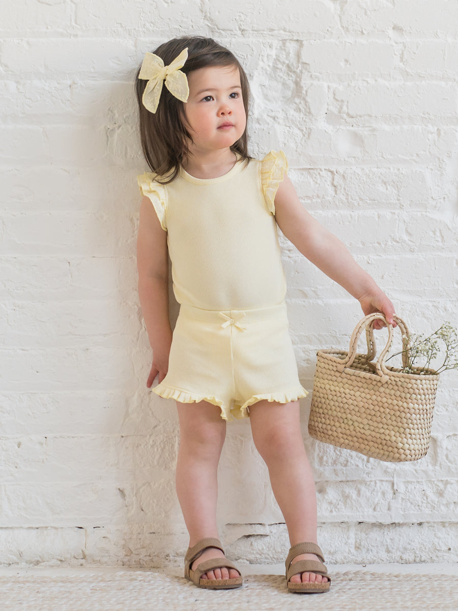 Lydia Ribbed Ruffle Shorts Baby-Kids :Bottoms :Shorts Kendi Organic Cotton Baby and Kids Lydia Ribbed Ruffle Shorts