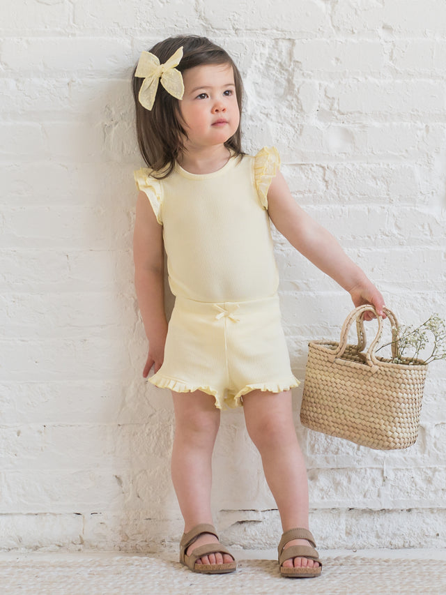 Lydia Ribbed Ruffle Shorts Baby-Kids : Bottoms : Shorts Kendi Organic Cotton Baby and Kids Lydia Ribbed Ruffle Shorts