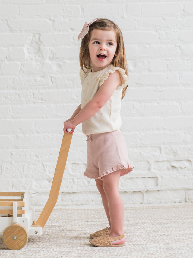 Lydia Ribbed Ruffle Shorts Baby-Kids : Bottoms : Shorts Kendi Organic Cotton Baby and Kids Lydia Ribbed Ruffle Shorts
