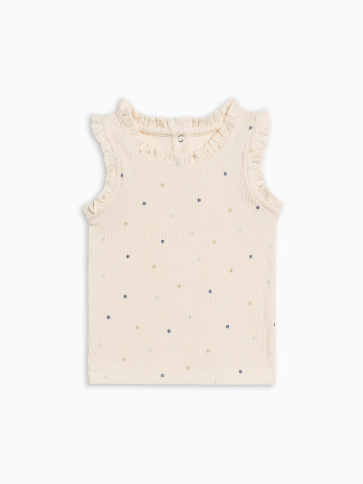 Cindy Ribbed Ruffle Tank - Mini Dot / Sea + Dune Baby-Kids : Tops : Shirts : Tanks KENDI by Colored Organics Cindy Ribbed Ruffle Tank - Mini Dot / | Colored Organics®