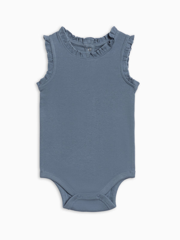 Leia Ribbed Ruffle Tank Bodysuit - Sea Baby : One Pieces : Bodysuits : Tanks KENDI by Colored Organics Leia Ribbed Ruffle Tank Bodysuit - Sea | Colored Organics®