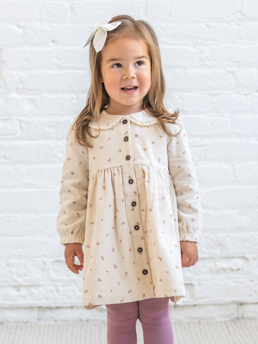 Ginny Fine Corduroy Peter Pan Collar Dress - Tilda Floral Ivory