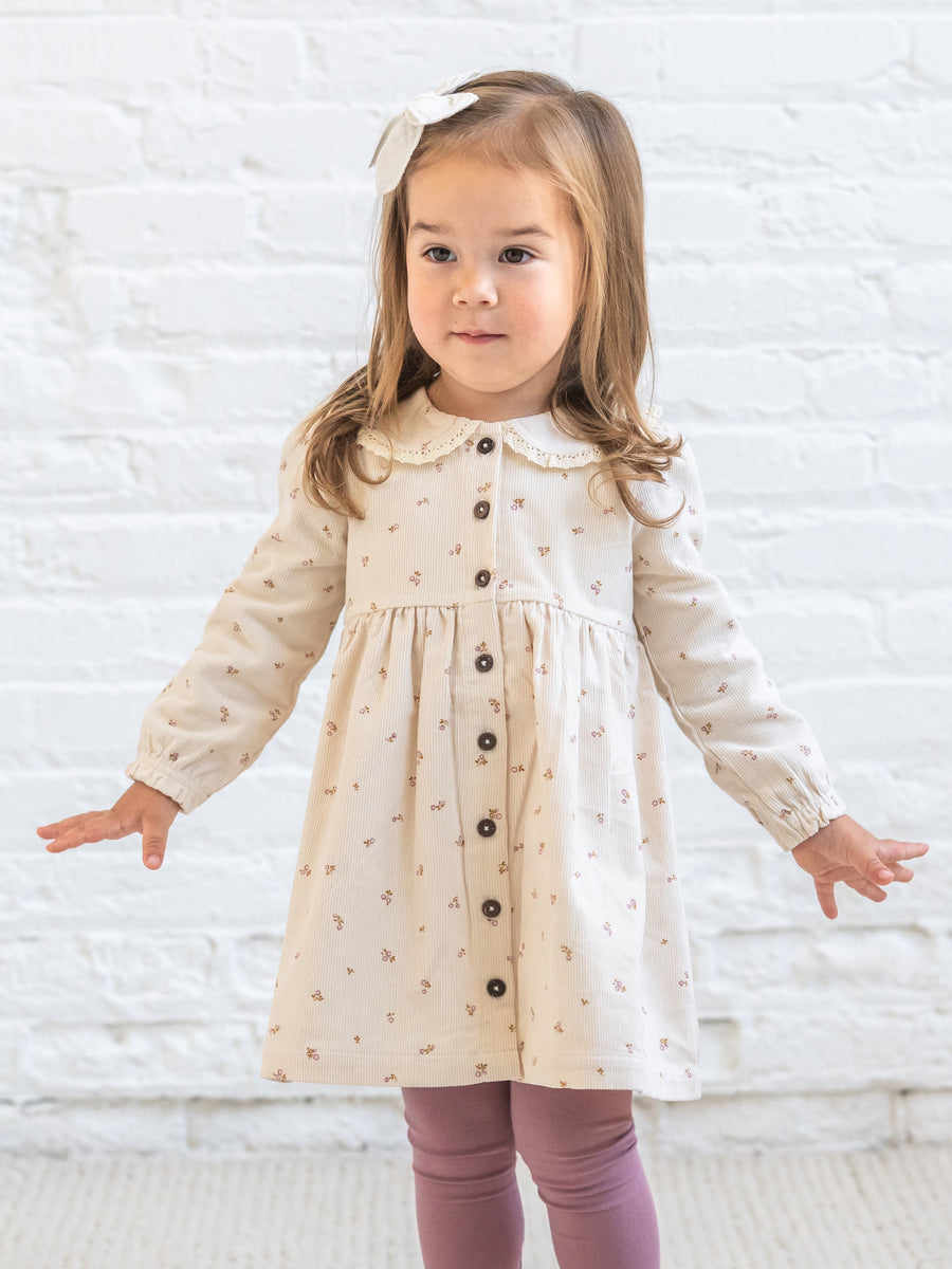Ginny Fine Corduroy Peter Pan Collar Dress - Tilda Floral Ivory