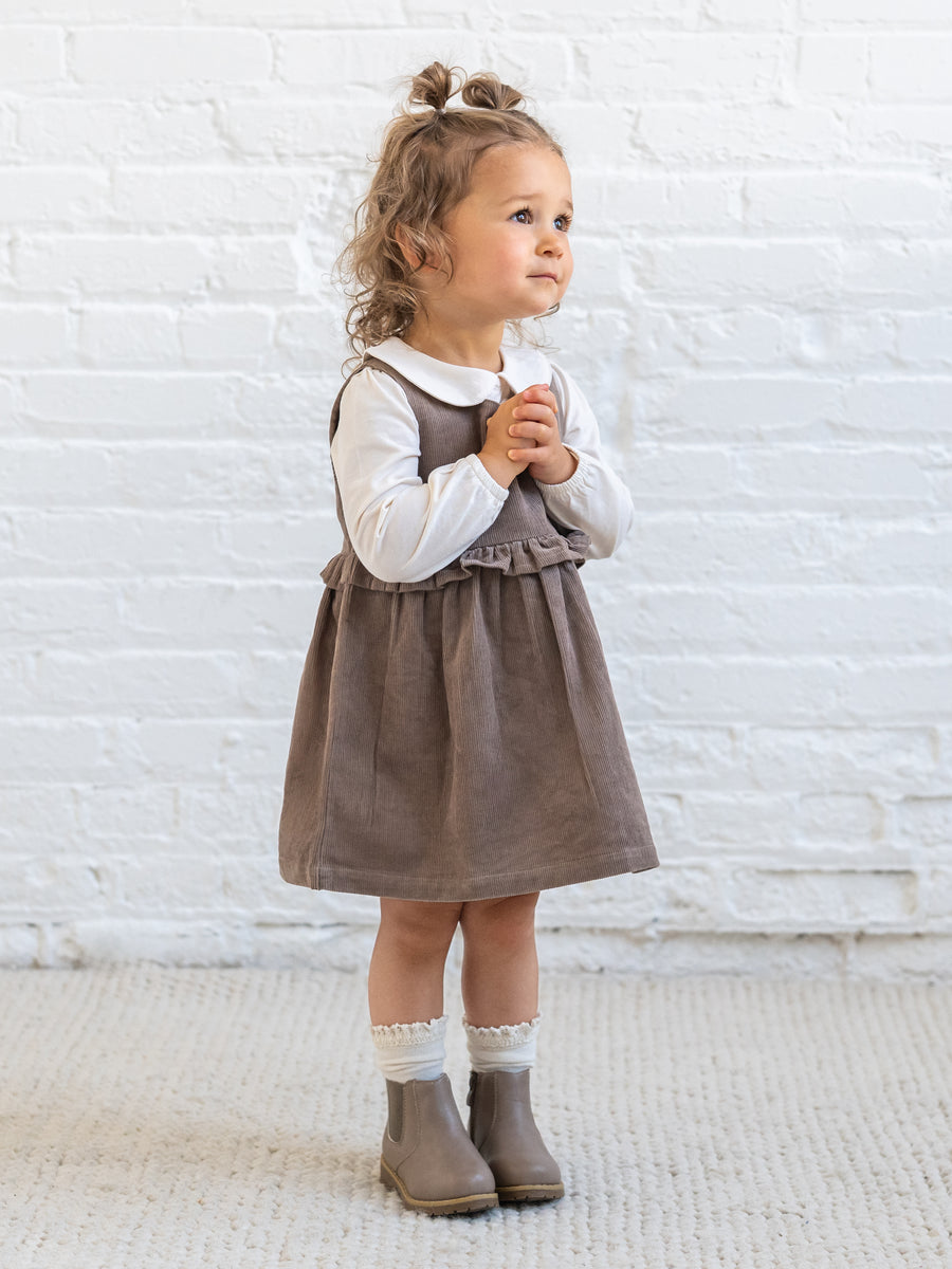 Lois Fine Corduroy Ruffle Jumper - Taupe