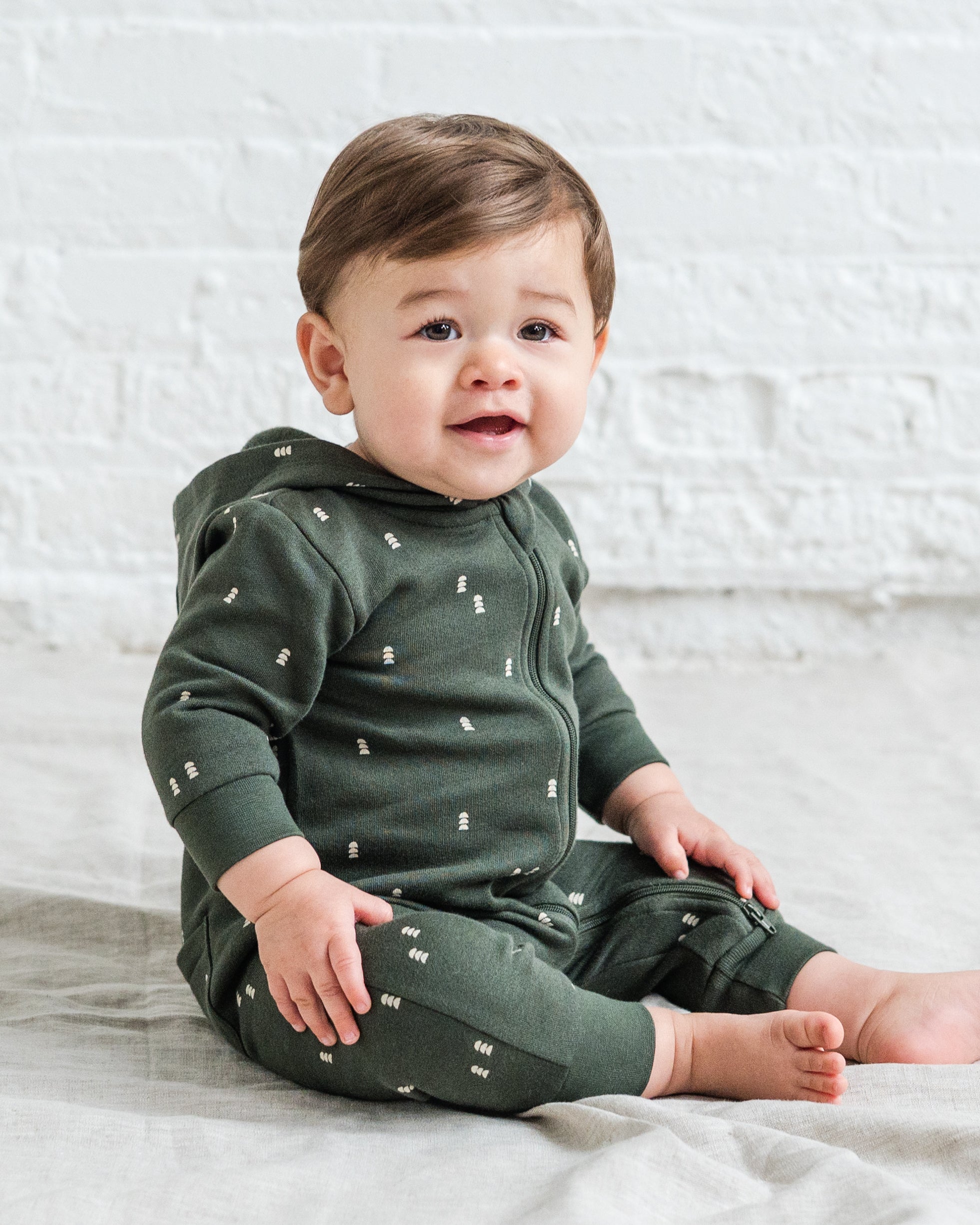 Greer Fleece Hooded Zipper Romper - Polka / Denim / 0-3M